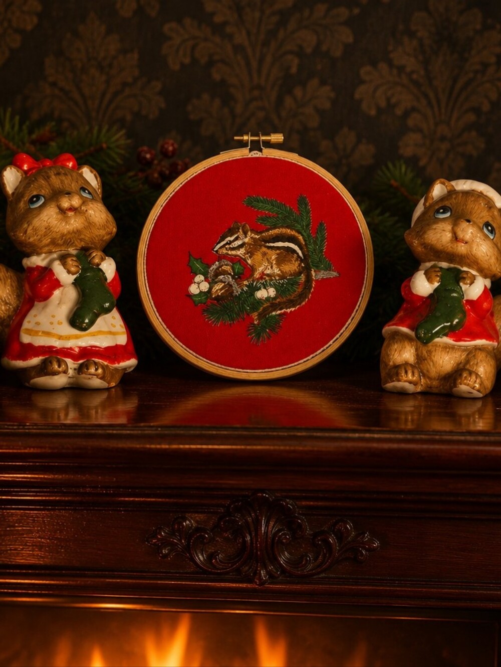 Vintage Holiday Chipmunk Embroidery Hoop 6" /Squirrel  Ornament Set 3.5"